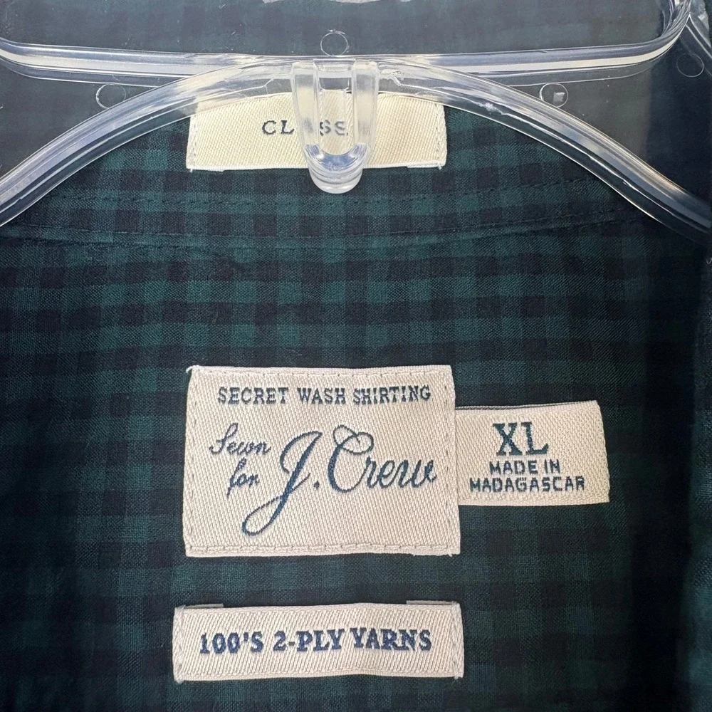 J. Crew XL Green Gingham Secret Wash Button Down Shirt Classic Fit Preppy Office